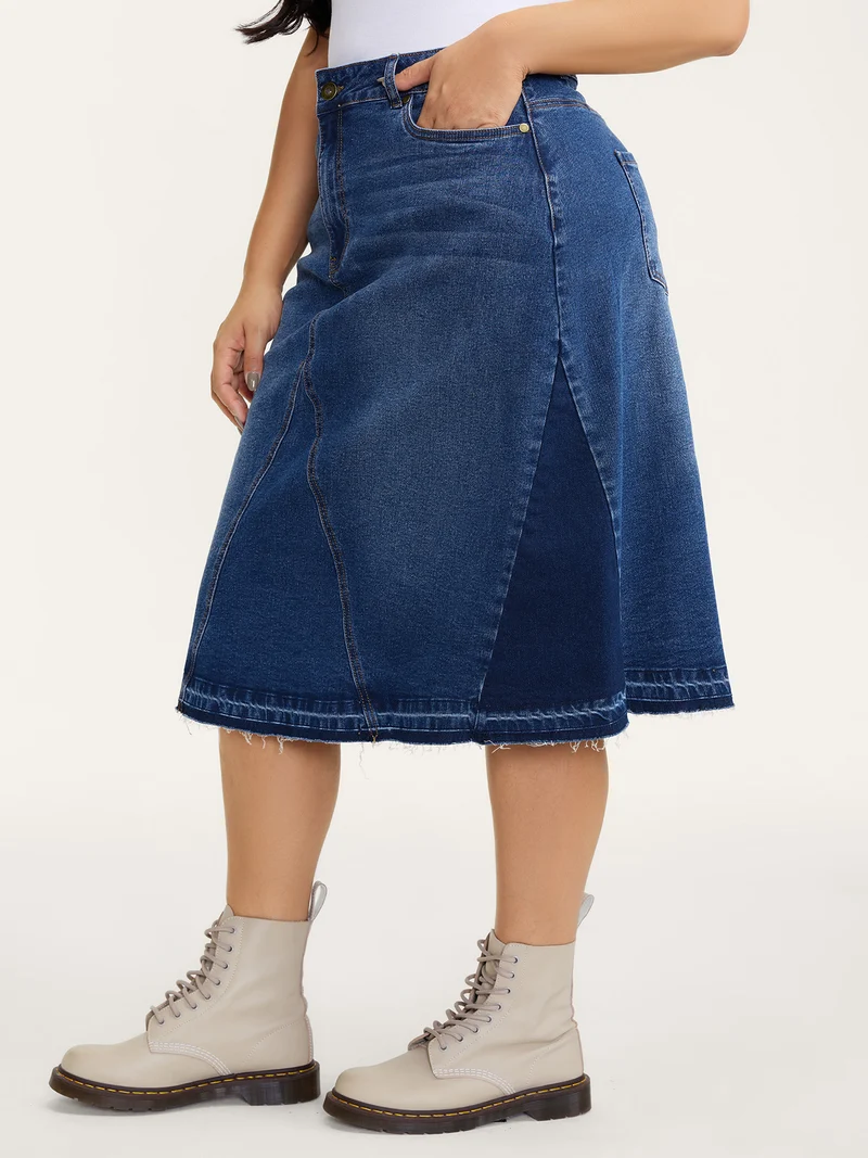 Frayed No Slit Seamed Shadow Wash Denim Skirt