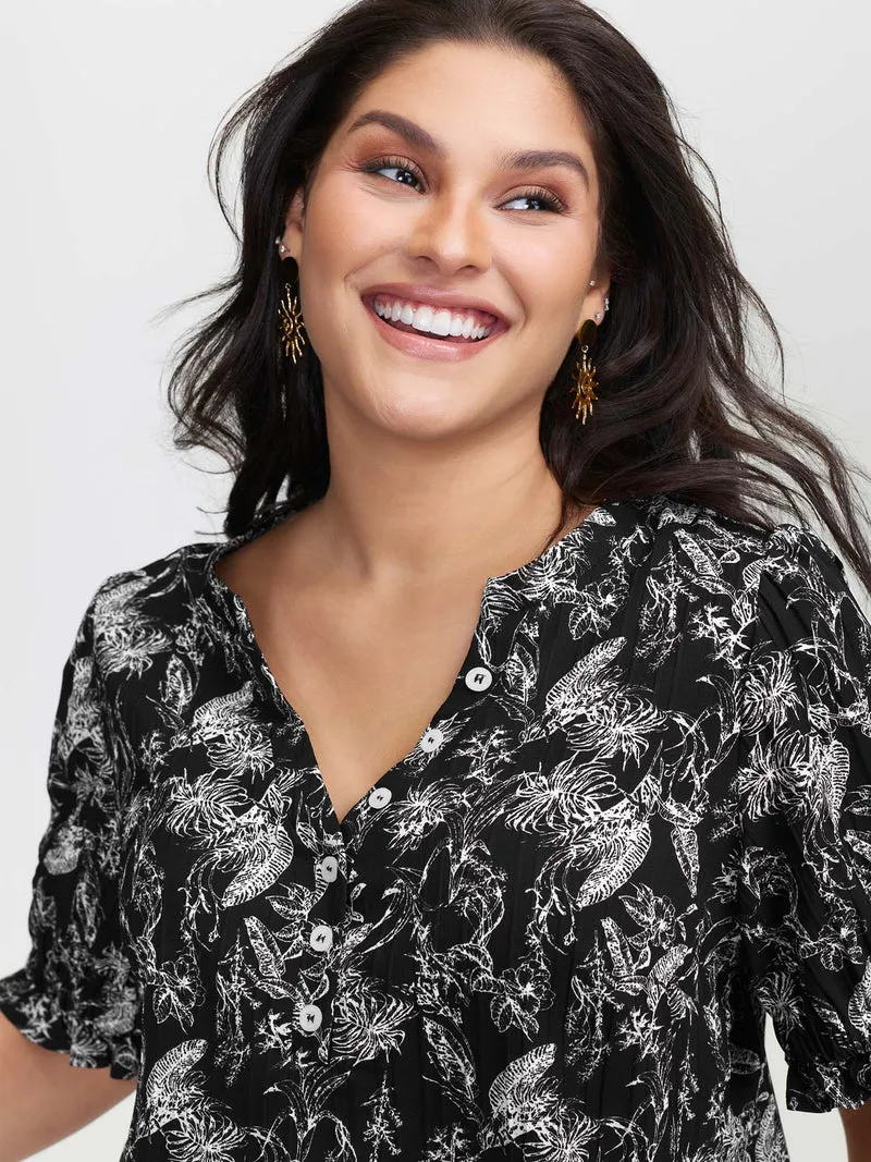 Floral Print Half-Open Placket Blouse