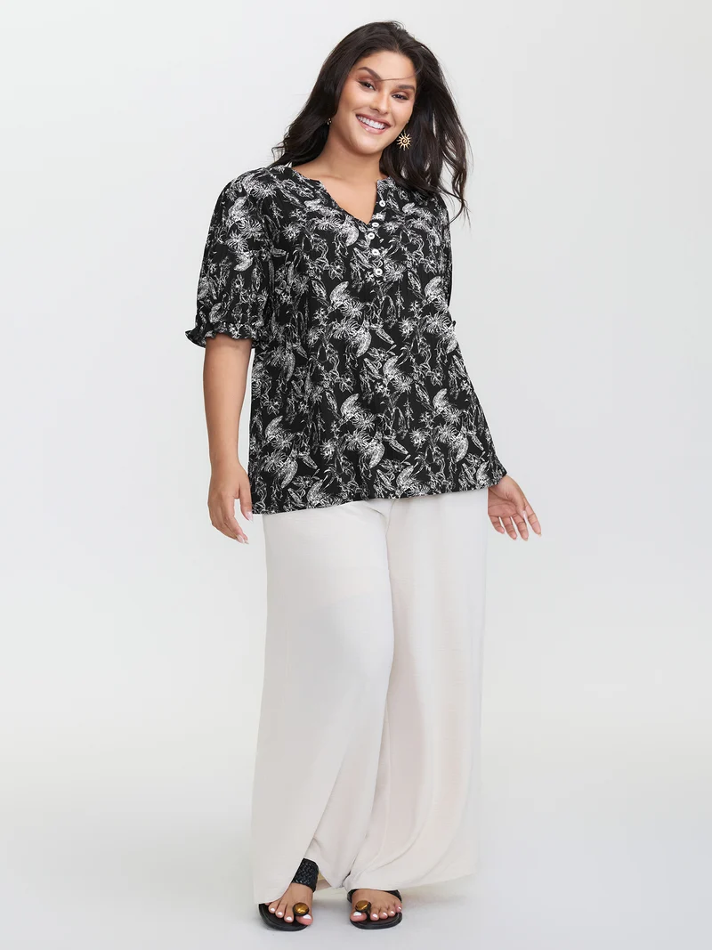 Floral Print Half-Open Placket Blouse