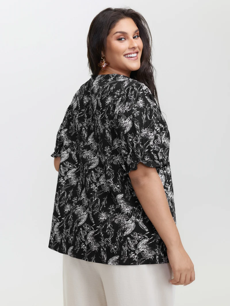 Floral Print Half-Open Placket Blouse