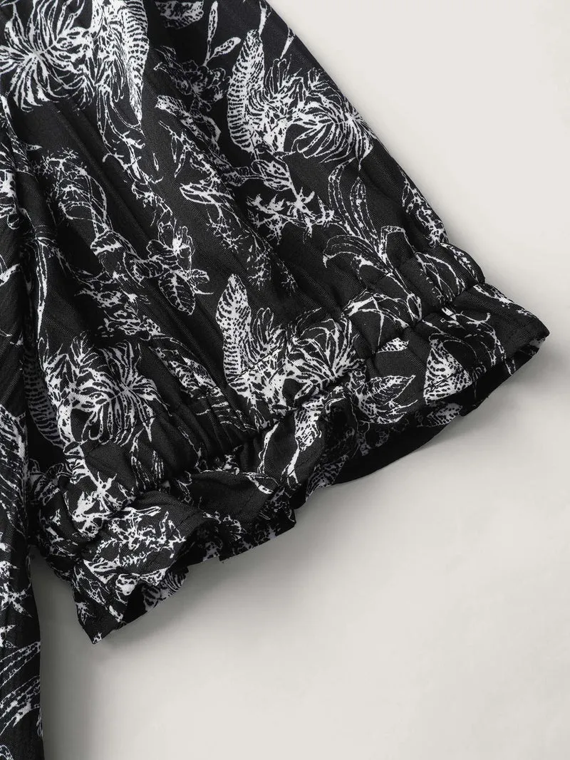 Floral Print Half-Open Placket Blouse