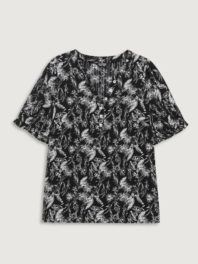 Floral Print Half-Open Placket Blouse
