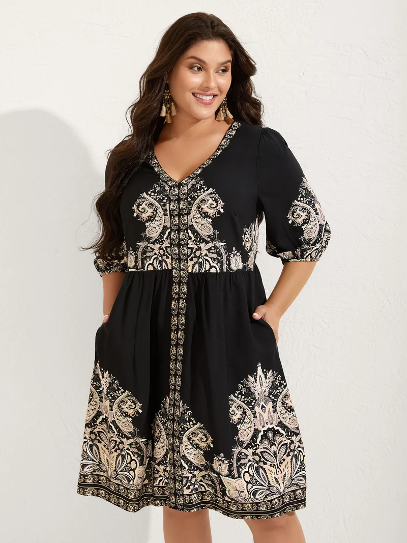 Paisley Print Rayon Contrast Midi Dress