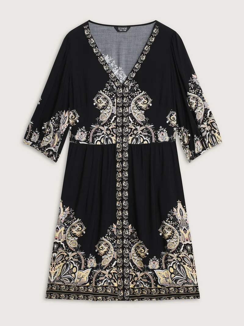 Paisley Print Rayon Contrast Midi Dress