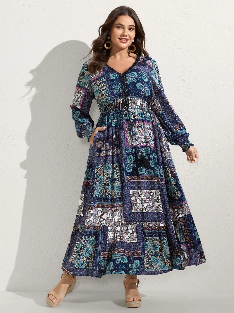 Rayon Floral Collage Shirred Maxi Dress