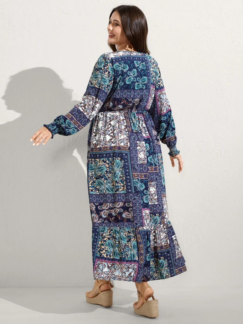 Rayon Floral Collage Shirred Maxi Dress