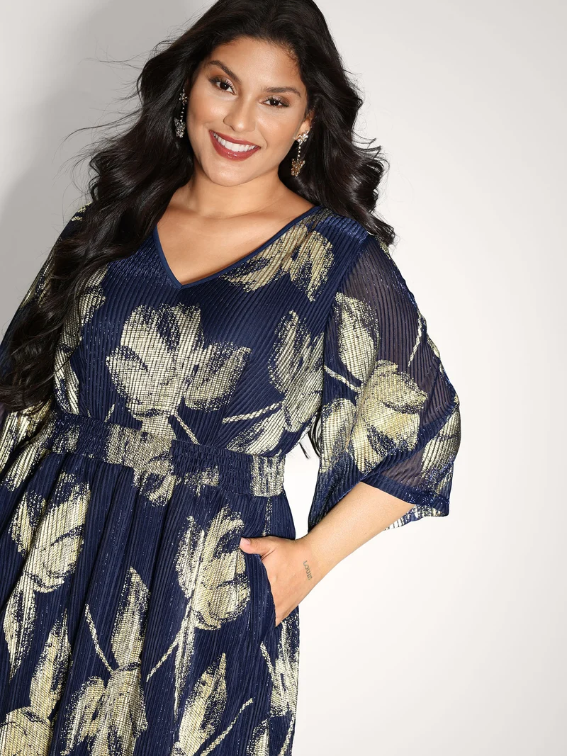 Hot Stamped Fall Leaf Shirred Midi Dress