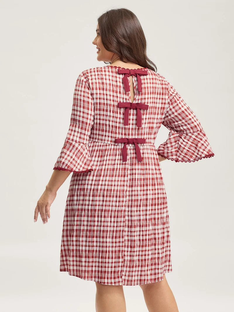 Gingham Print Stretchy Waist Back-Tie Midi Dress