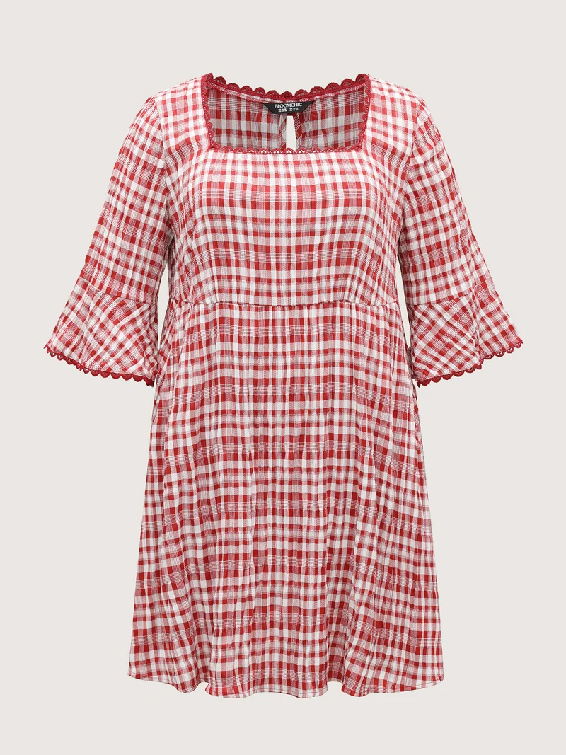 Gingham Print Stretchy Waist Back-Tie Midi Dress