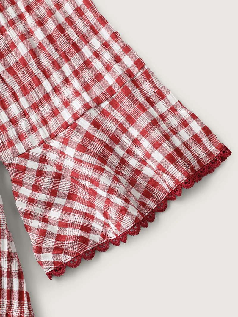 Gingham Print Stretchy Waist Back-Tie Midi Dress