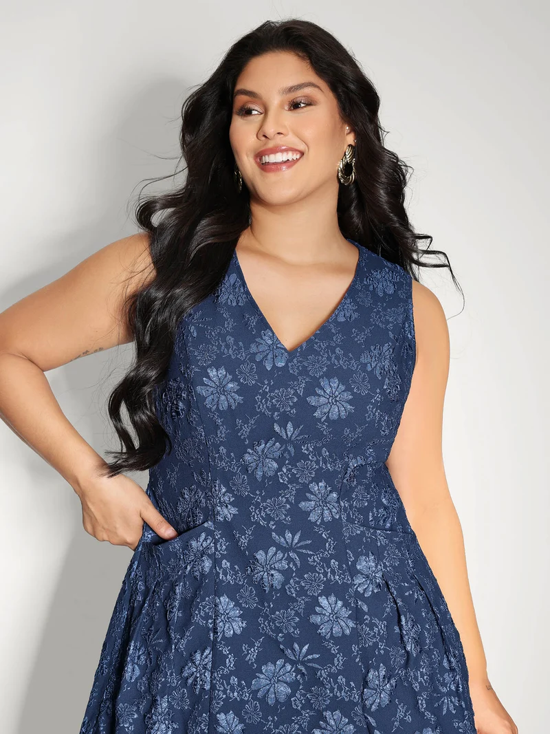 Jacquard Elastic Waist Pockets Knee-Length Dress