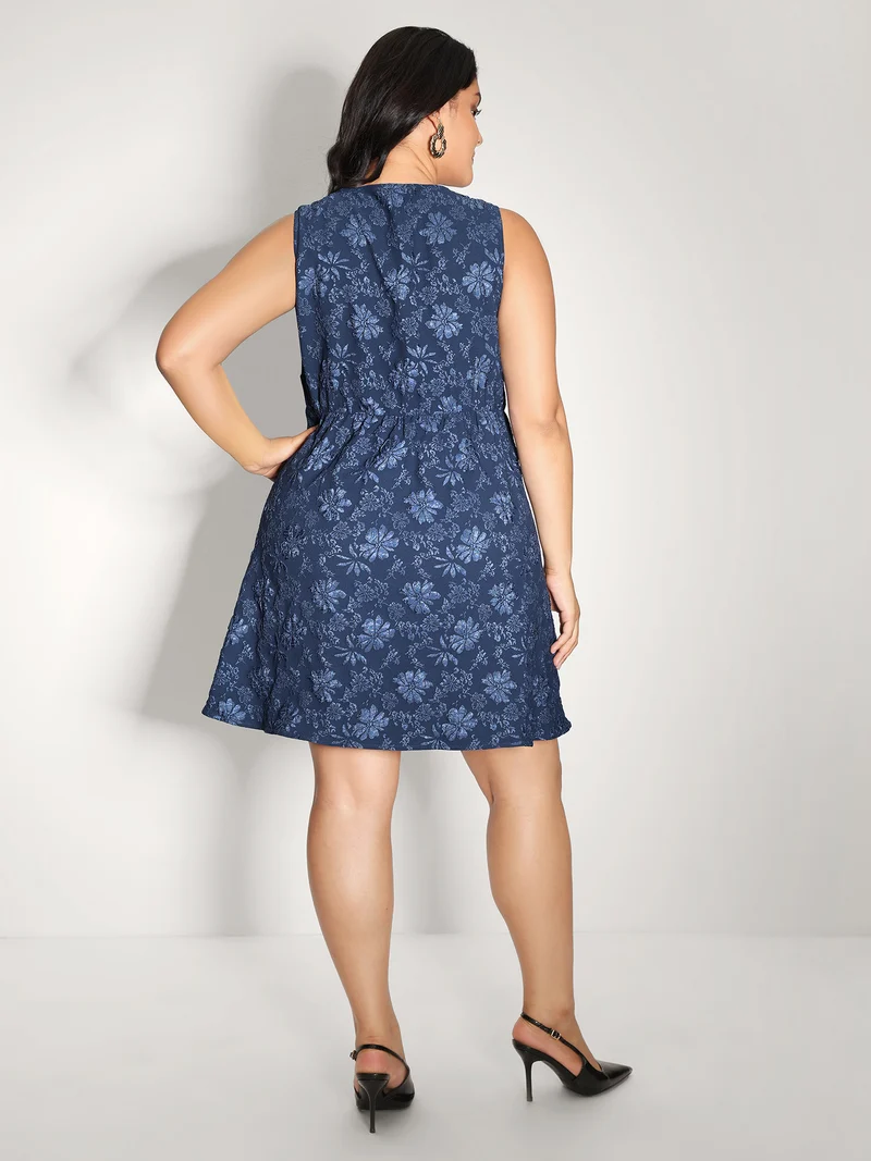 Jacquard Elastic Waist Pockets Knee-Length Dress
