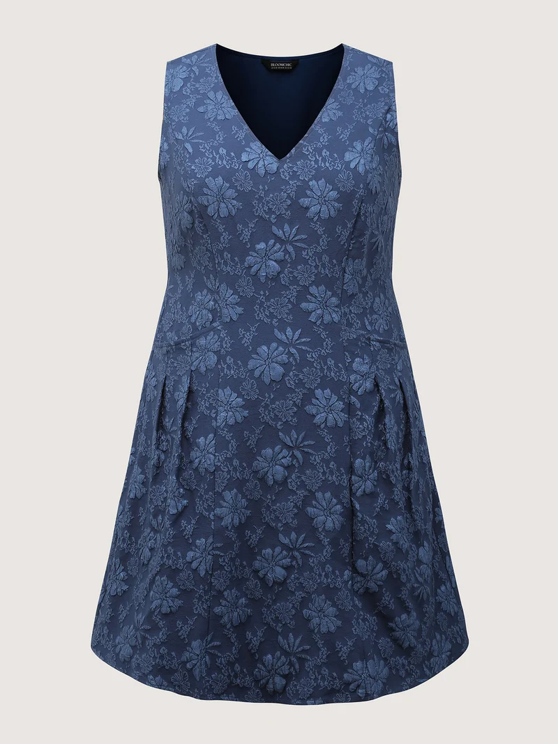 Jacquard Elastic Waist Pockets Knee-Length Dress