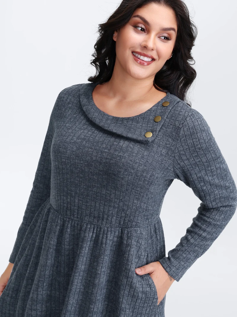 Waffle Velvety Feel Asymmetrical Neck Midi Dress