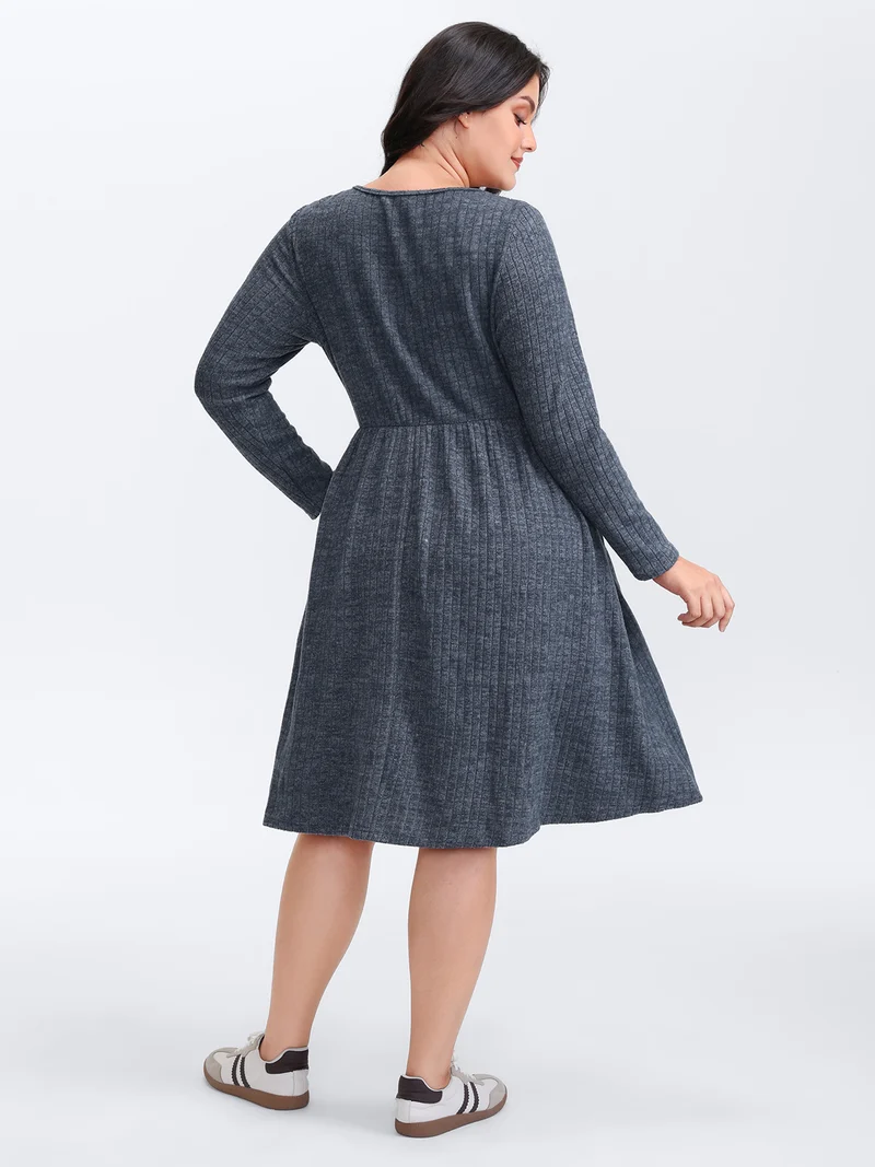 Waffle Velvety Feel Asymmetrical Neck Midi Dress
