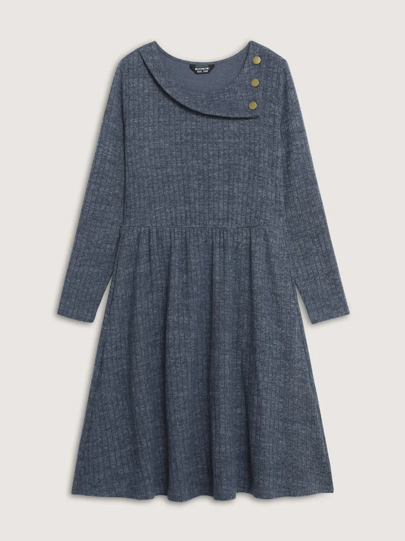Waffle Velvety Feel Asymmetrical Neck Midi Dress