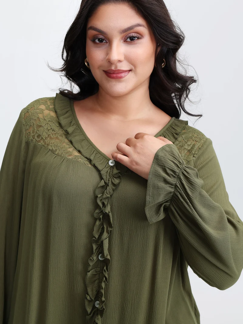 Lace Trim Ruffled Edge Button Blouse
