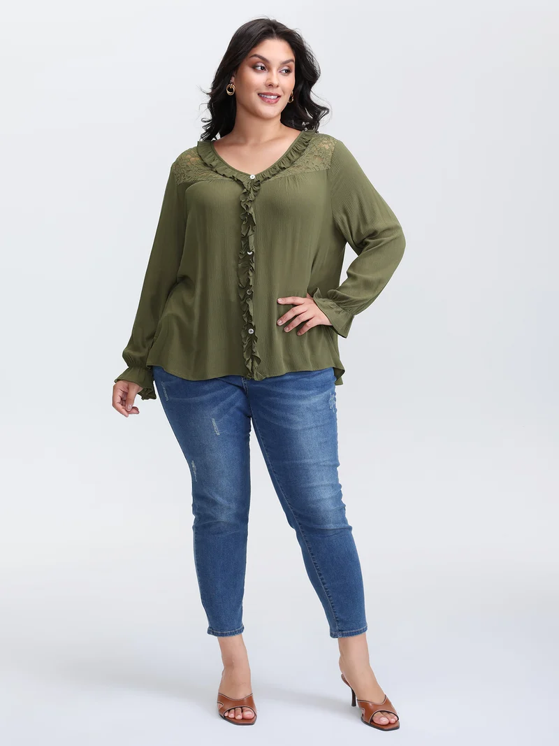 Lace Trim Ruffled Edge Button Blouse