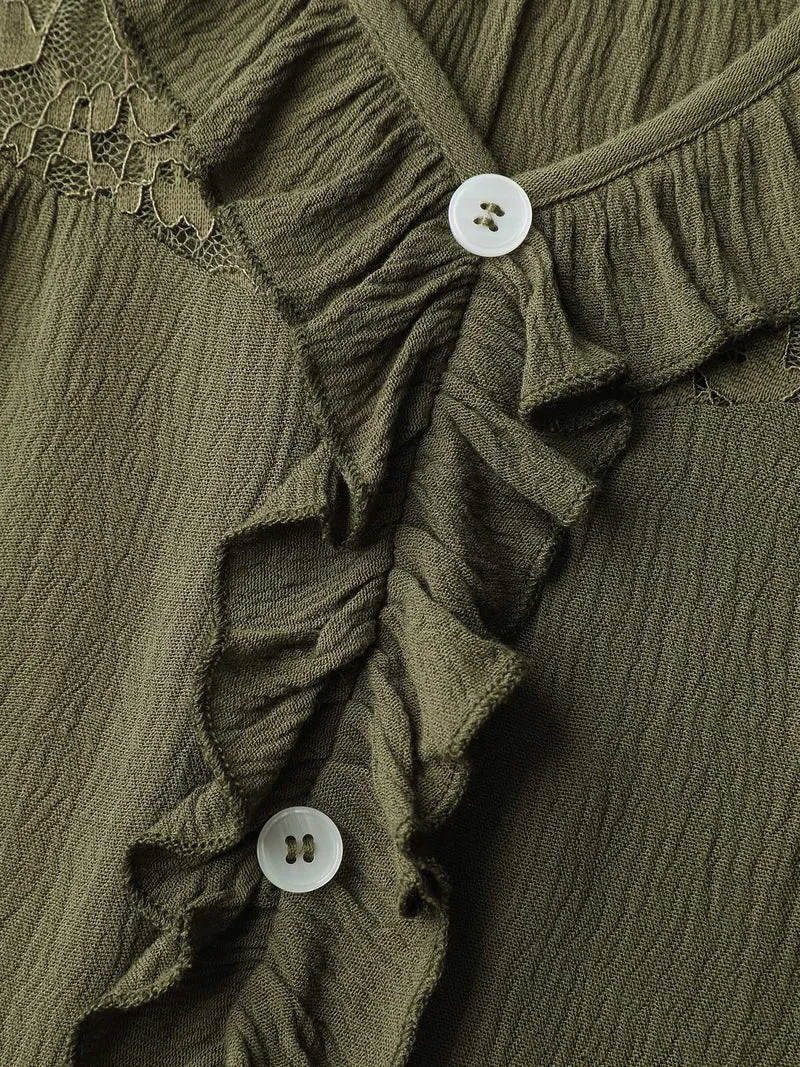 Lace Trim Ruffled Edge Button Blouse