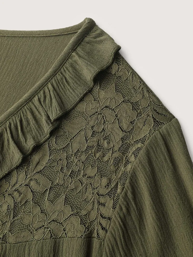 Lace Trim Ruffled Edge Button Blouse