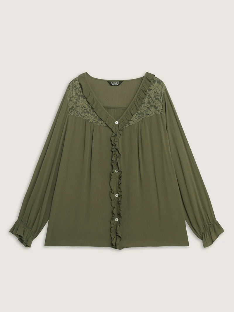 Lace Trim Ruffled Edge Button Blouse