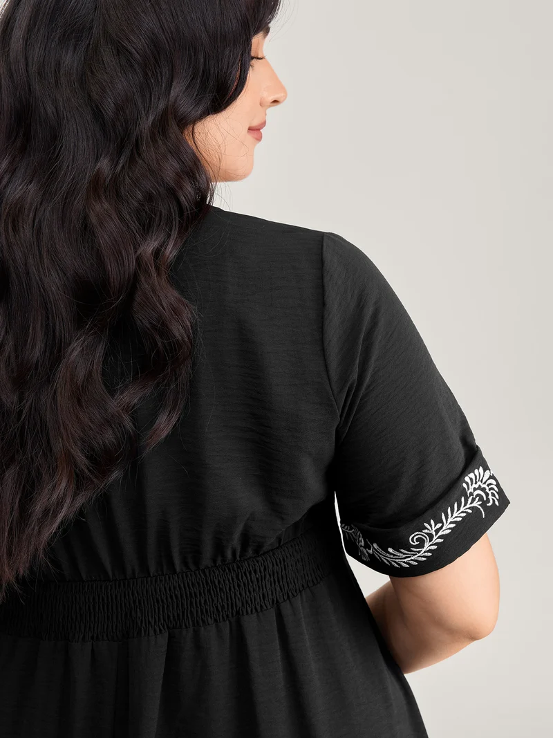 Embroidered Shirred Waist-Defining Maxi Dress