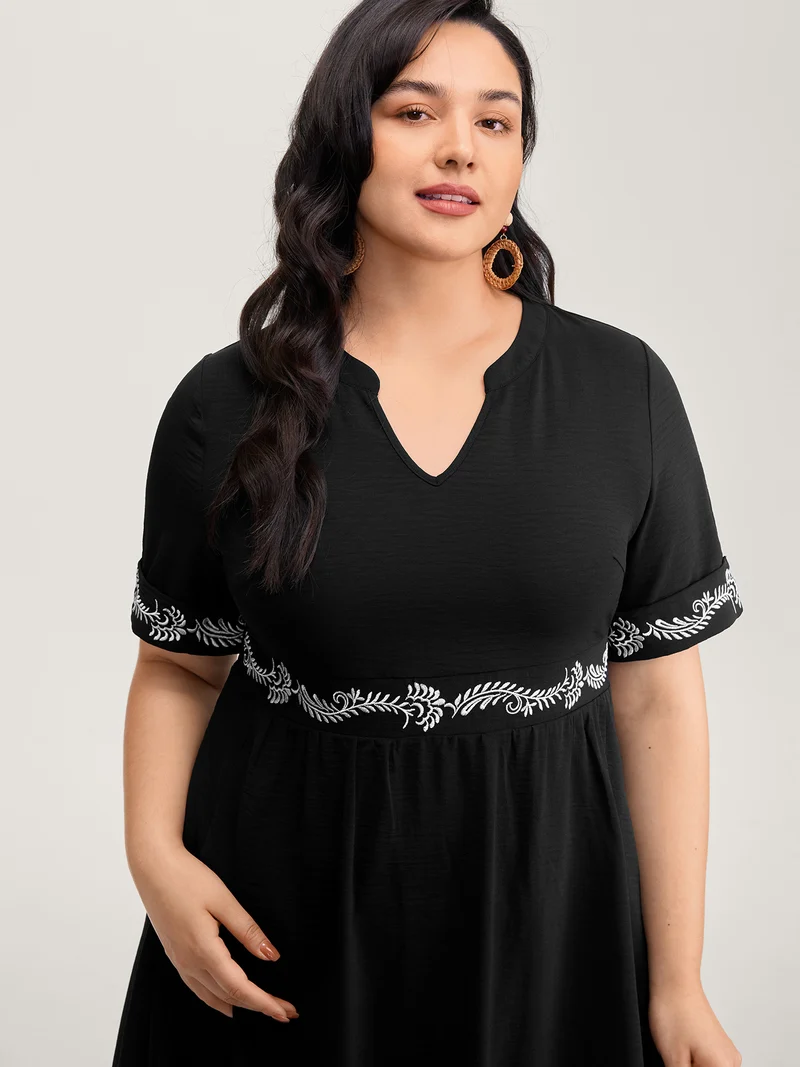 Embroidered Shirred Waist-Defining Maxi Dress