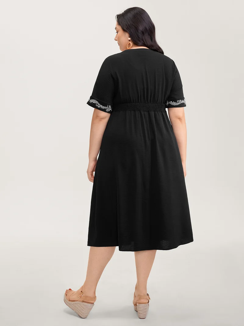 Embroidered Shirred Waist-Defining Maxi Dress
