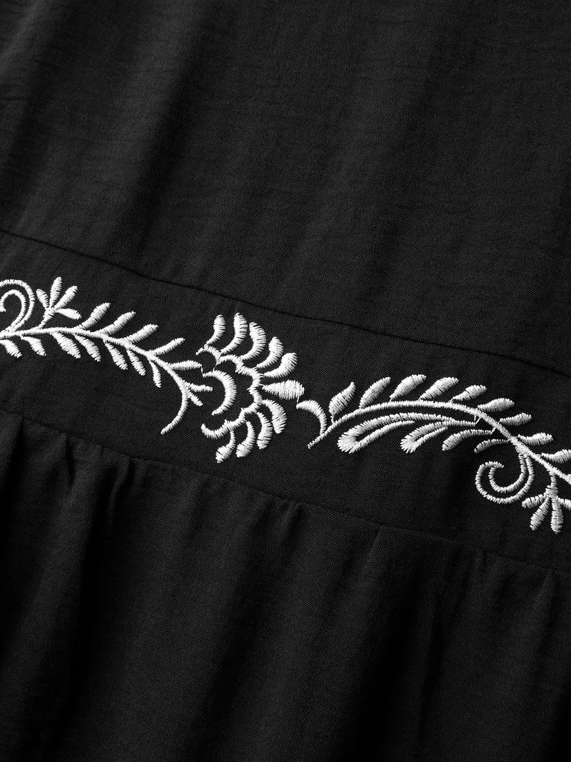 Embroidered Shirred Waist-Defining Maxi Dress