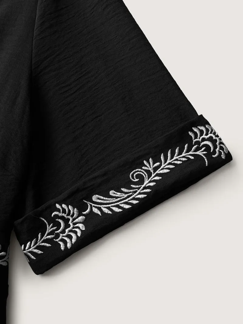 Embroidered Shirred Waist-Defining Maxi Dress