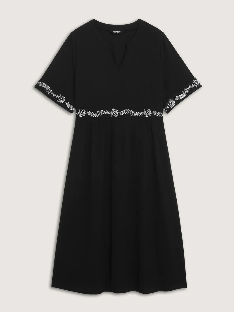 Embroidered Shirred Waist-Defining Maxi Dress