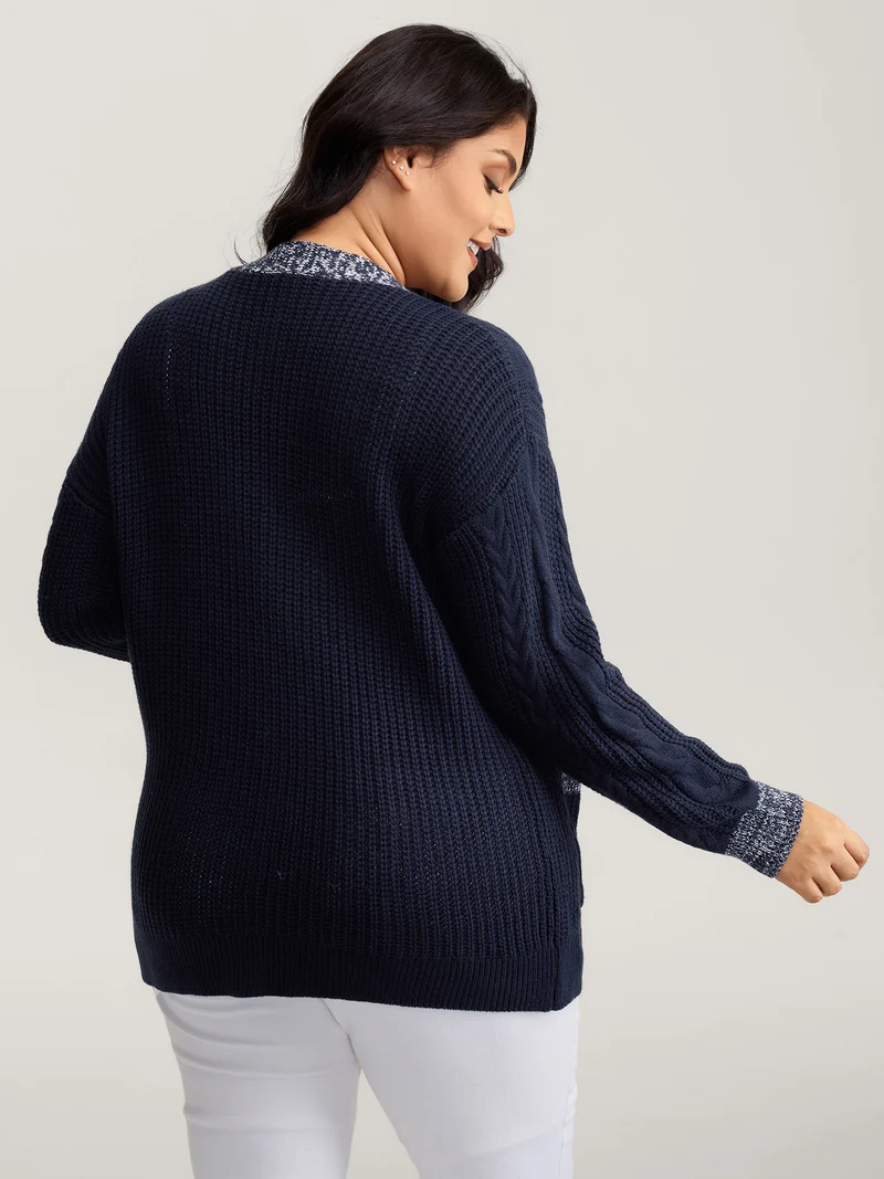 Mixed-Yarn Color Contrast Pockets Knit Cardigan