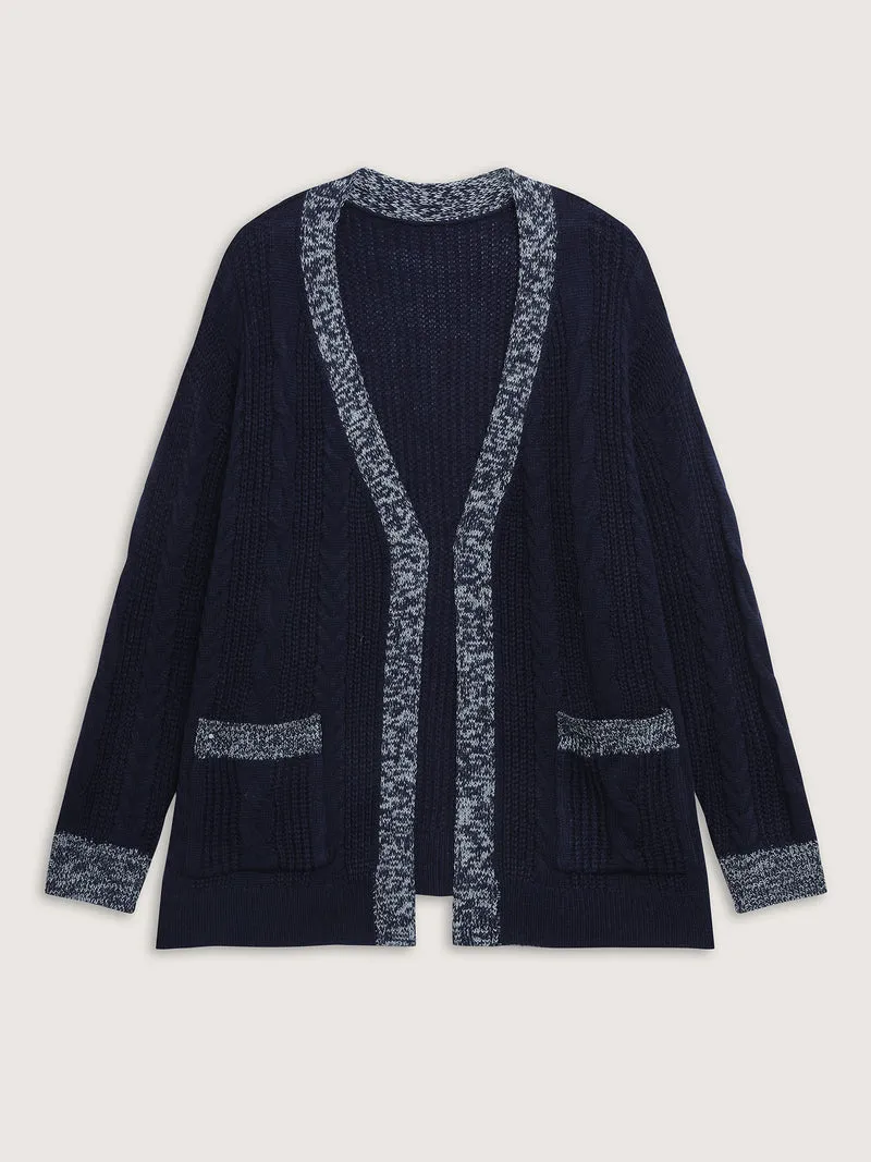 Mixed-Yarn Color Contrast Pockets Knit Cardigan