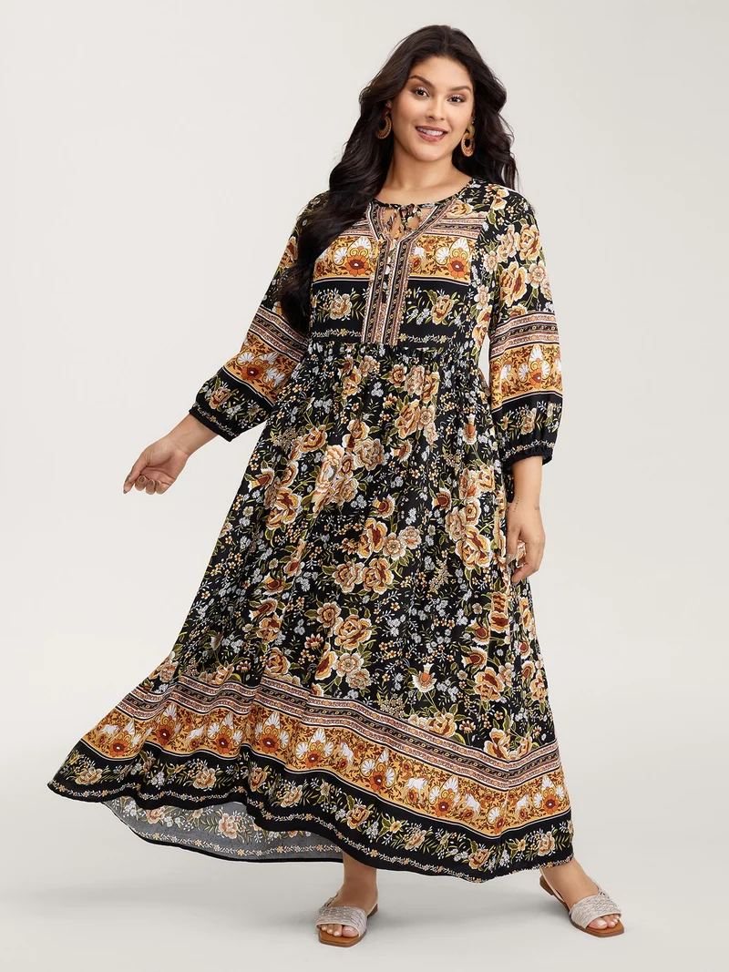 Floral Print Contrast Puffy Sleeve Maxi Dress