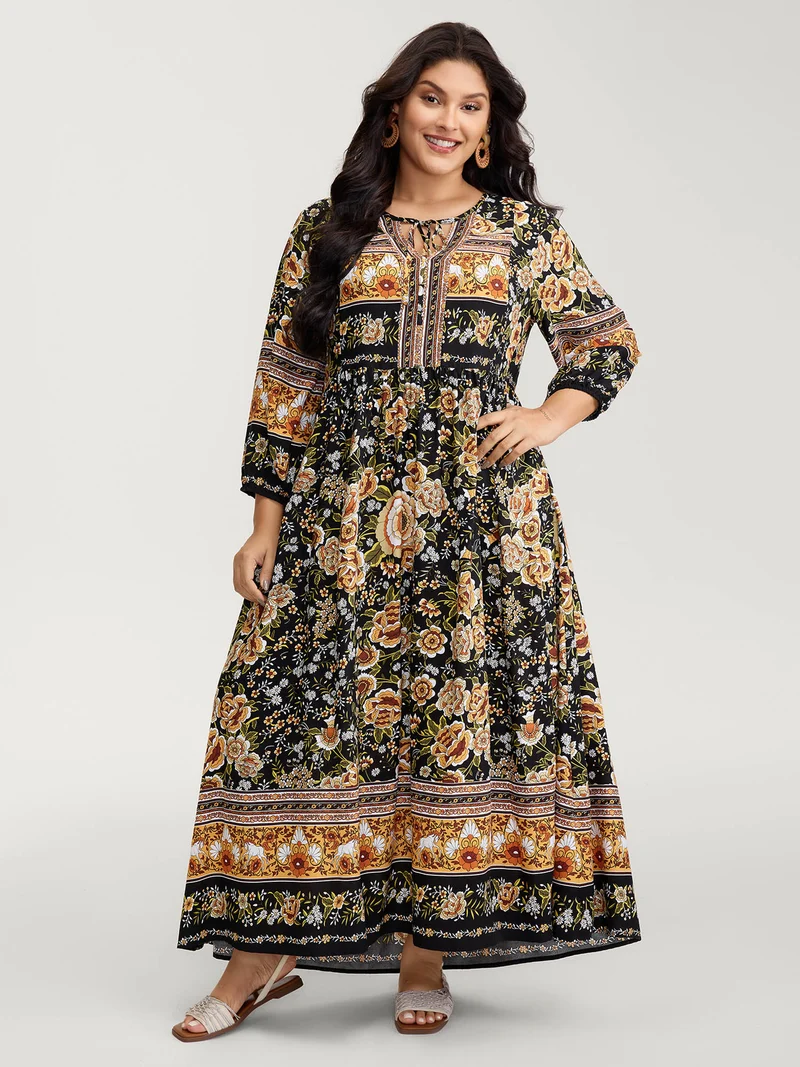 Floral Print Contrast Puffy Sleeve Maxi Dress