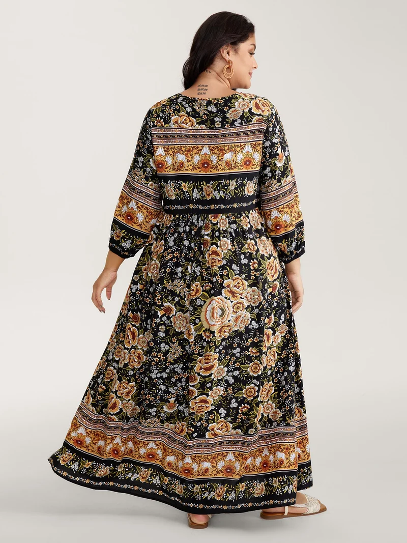 Floral Print Contrast Puffy Sleeve Maxi Dress