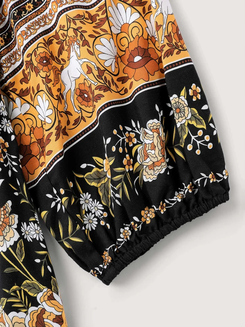 Floral Print Contrast Puffy Sleeve Maxi Dress