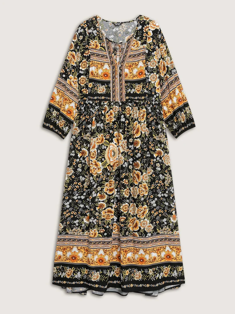 Floral Print Contrast Puffy Sleeve Maxi Dress