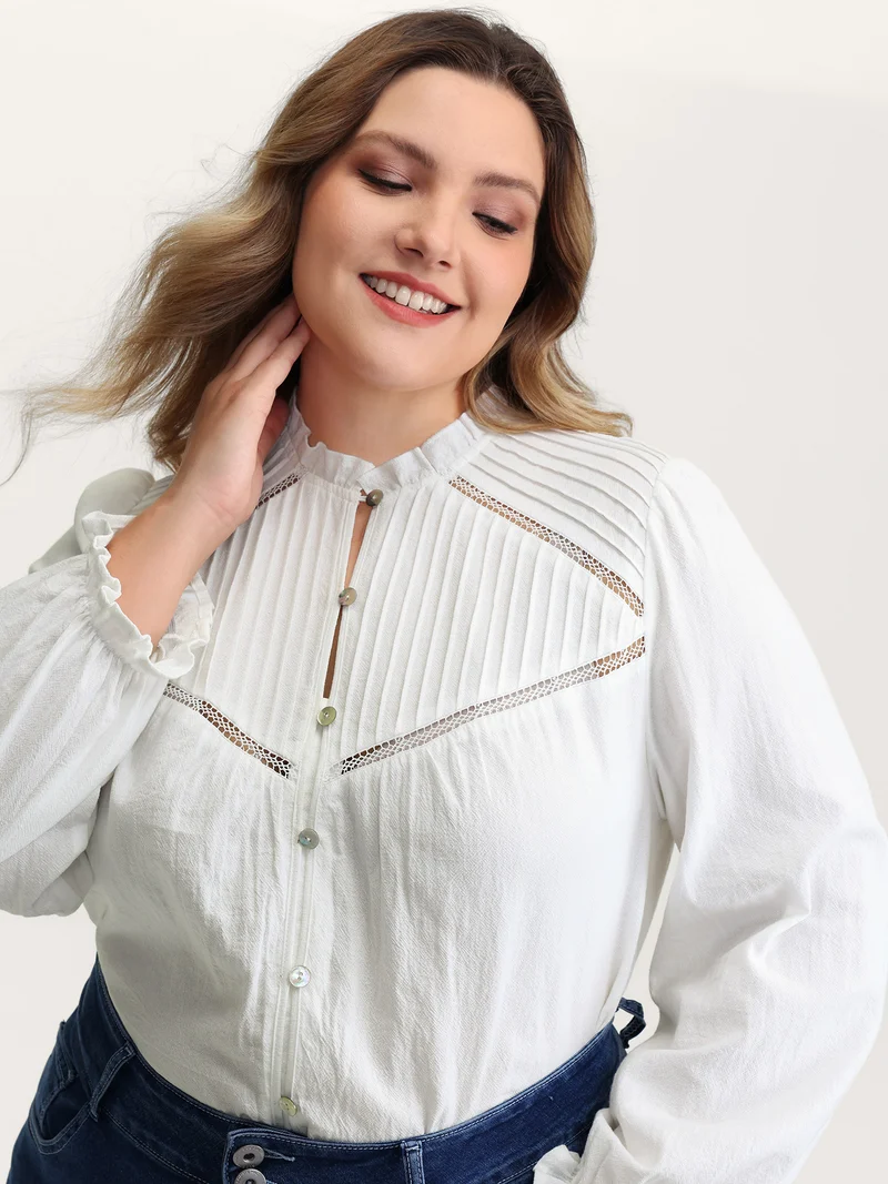 Pure Cotton Lace Trim Button Blouse