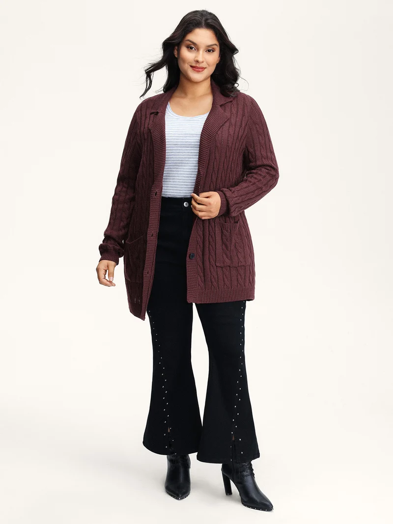 Twist Textured Notched Lapels Knit Cardigan