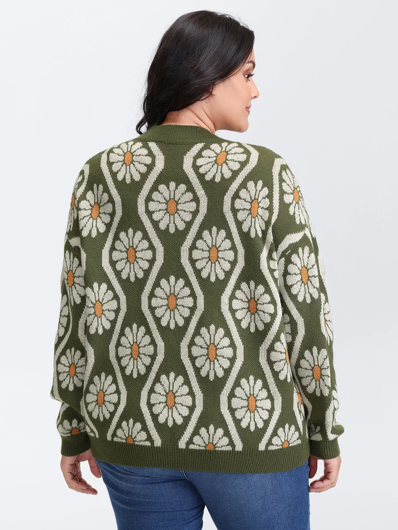 Floral Pattern Jacquard Arc Hem Knit Cardigan