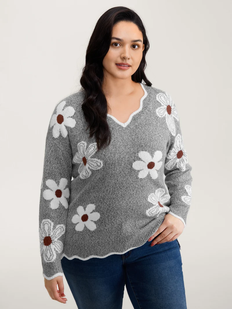 Floral Jacquard Wavy Edge Pullover