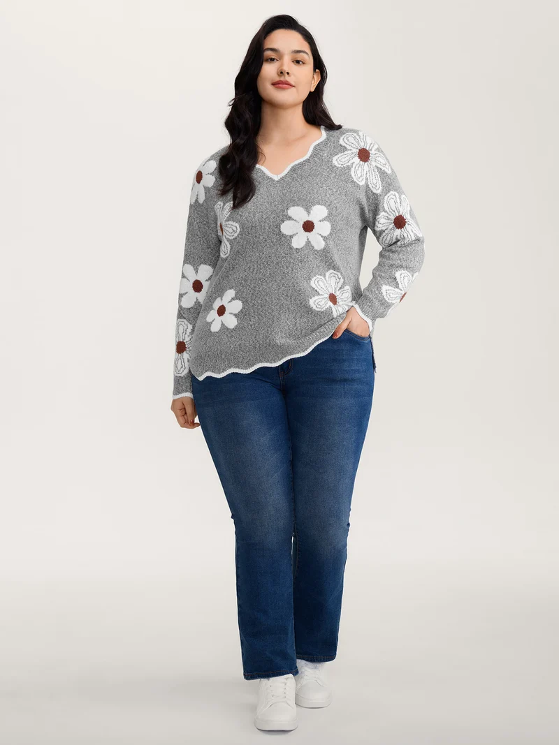 Floral Jacquard Wavy Edge Pullover