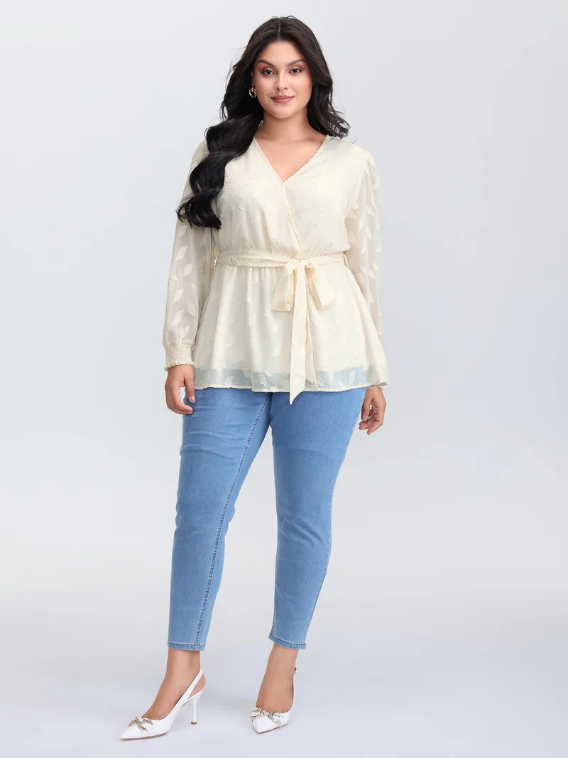 Sheer Chiffon Textured Waist-Tie Blouse
