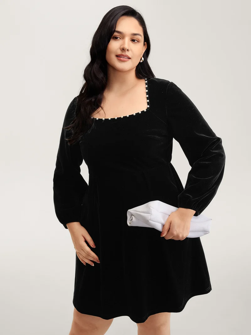 Velvet Bubble Bead Neckline Pockets Mini Dress