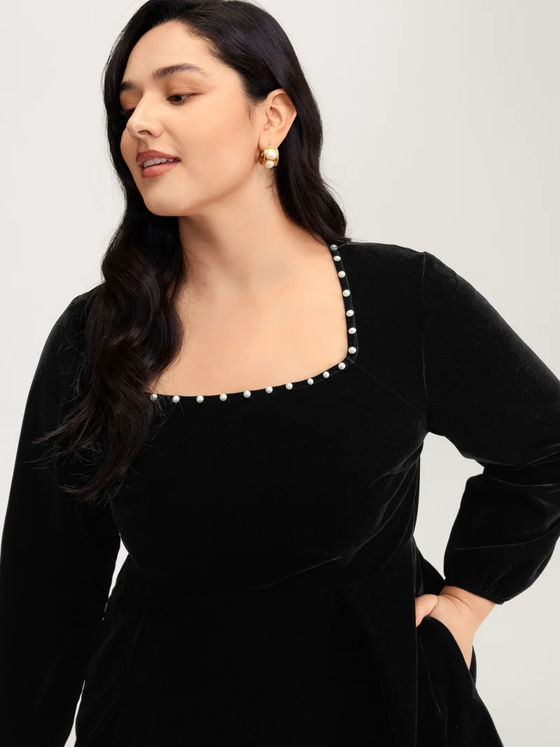 Velvet Bubble Bead Neckline Pockets Mini Dress