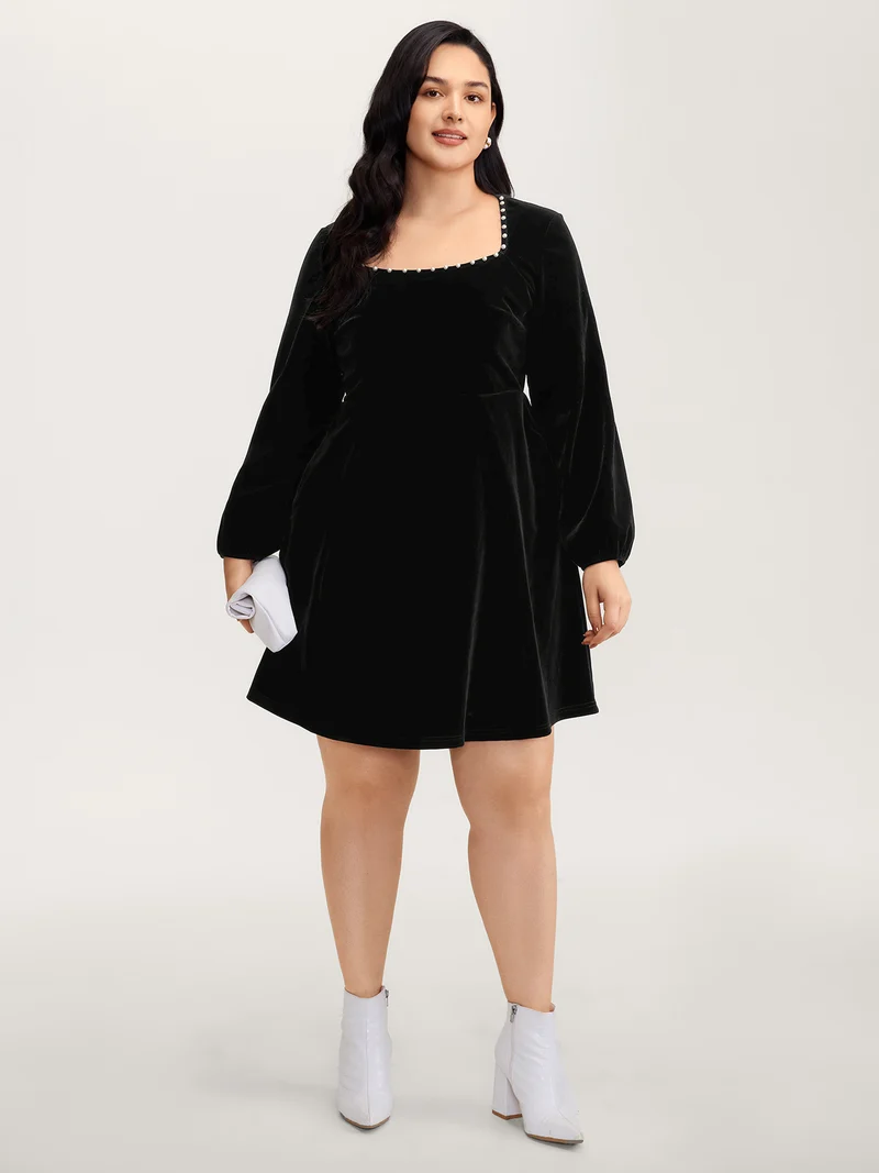 Velvet Bubble Bead Neckline Pockets Mini Dress