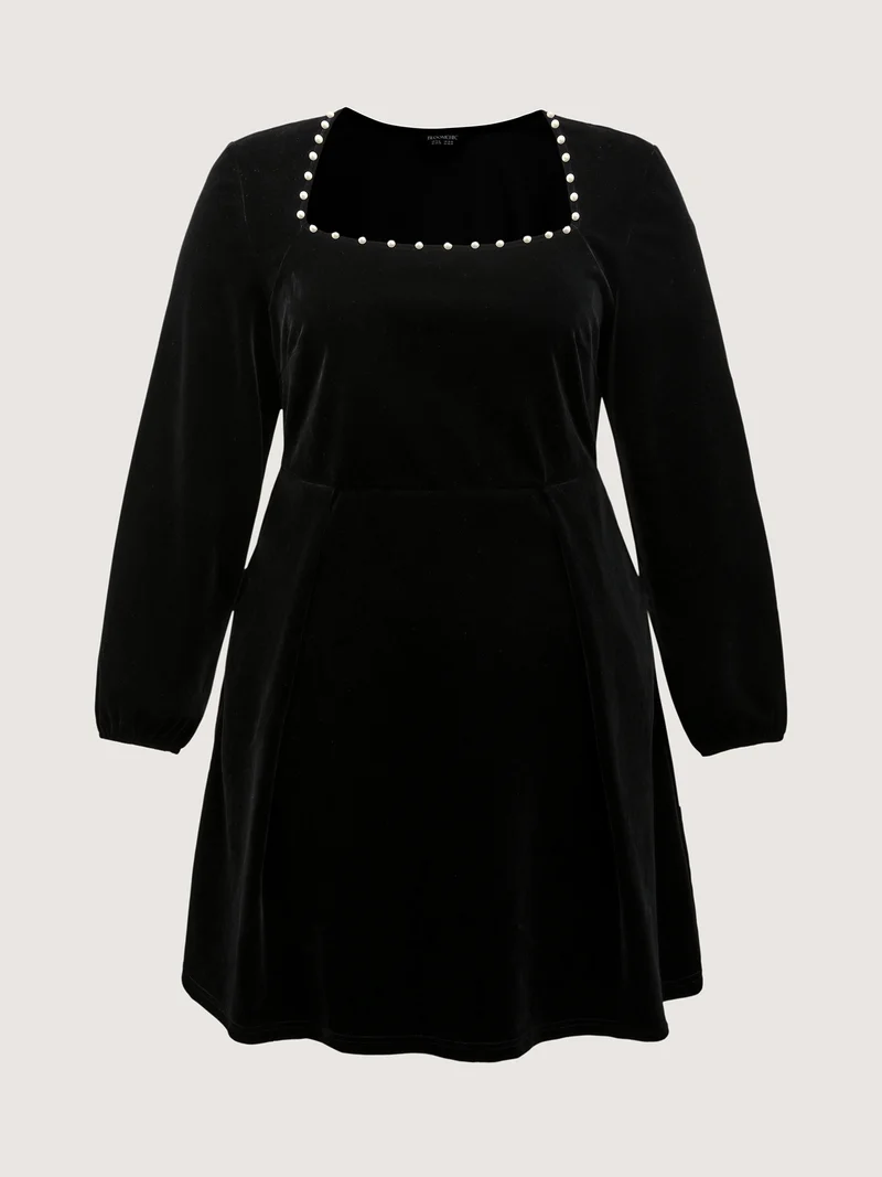 Velvet Bubble Bead Neckline Pockets Mini Dress