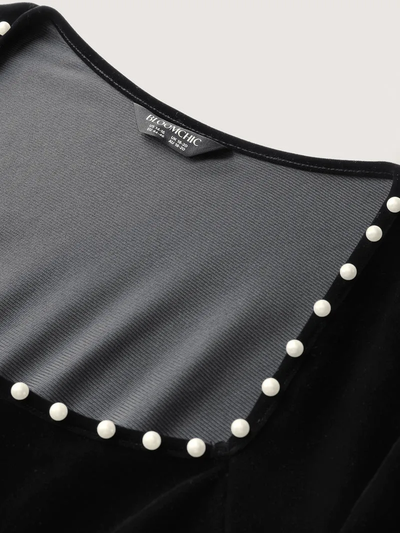 Velvet Bubble Bead Neckline Pockets Mini Dress