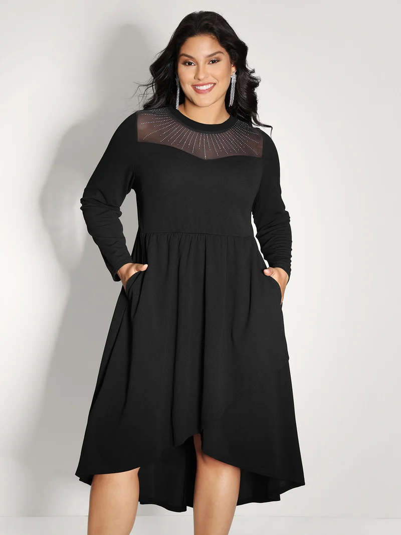 Rhinestone Stretchy Sheer Neck Midi Dress